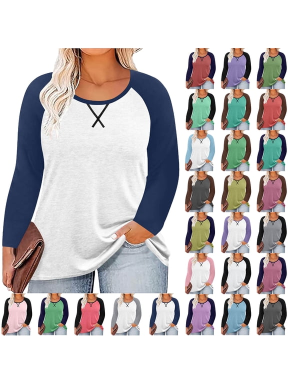 Women Long Sleeve Tops Casual Chest Print Solid Color Round Neck Pullover Loose Long Sleeved Raglan Top Plus Size