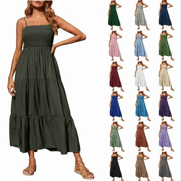 Womens Summer Dresses Bohemian Spaghetti Strap Smocked Tiered Long Beach Sun Dresses Sleeveless Solid Maxi Dress Tank Dresses for Women