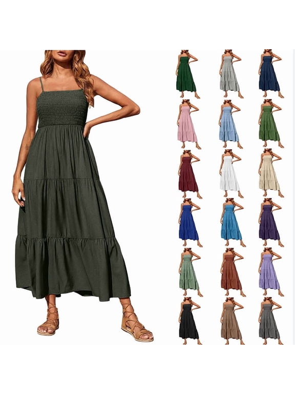 Womens Summer Dresses Bohemian Spaghetti Strap Smocked Tiered Long Beach Sun Dresses Sleeveless Solid Maxi Dress Tank Dresses for Women