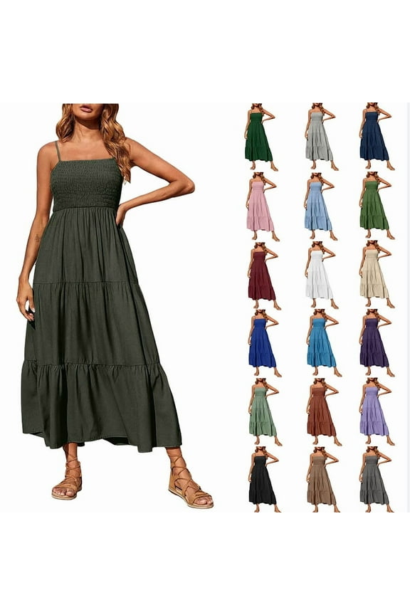 Womens Summer Dresses Bohemian Spaghetti Strap Smocked Tiered Long Beach Sun Dresses Sleeveless Solid Maxi Dress Tank Dresses for Women
