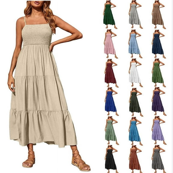 Women's Plus Size Bohemian Spaghetti Strap Smocked Tiered Long Beach Sun Dresses Comfortable Sleeveless Solid Maxi Dress