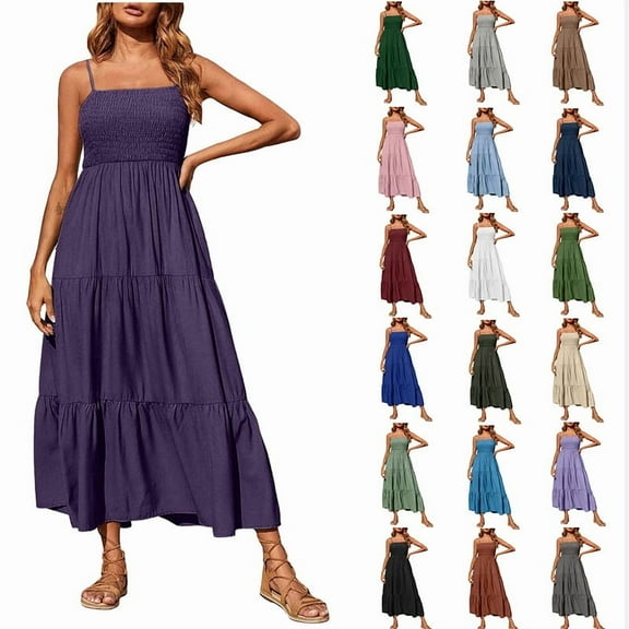Women's Plus Size Bohemian Spaghetti Strap Smocked Tiered Long Beach Sun Dresses Comfortable Sleeveless Solid Maxi Dress