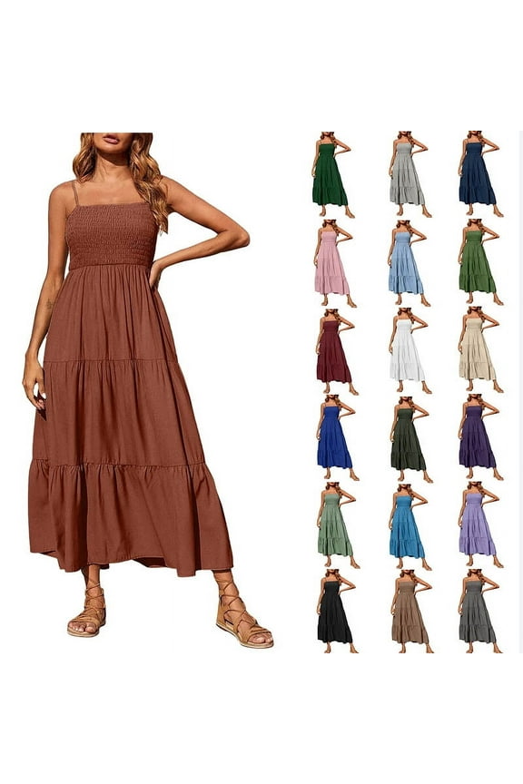 Womens Summer Dresses Bohemian Spaghetti Strap Smocked Tiered Long Beach Sun Dresses Sleeveless Solid Maxi Dress Tank Dresses for Women