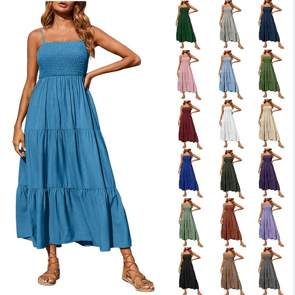 Womens Summer Dresses Bohemian Spaghetti Strap Smocked Tiered Long Beach Sun Dresses Sleeveless Solid Maxi Dress Tank Dresses for Women