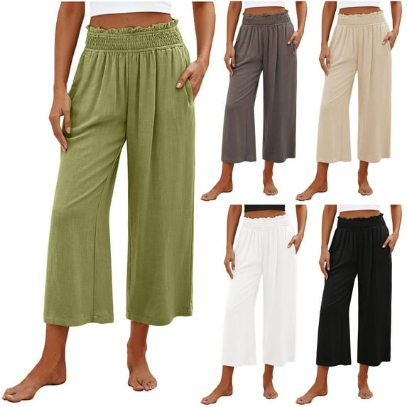 sovlvnd Summer Sale Women's Trendy Solid Color Comfortable Casual Over Size Loose Fitting Wide Leg Elastic Waist Straight Leg Pants With 7/4 Belt Pockets
