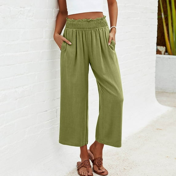 sovlvnd Summer Sale Women's Trendy Solid Color Comfortable Casual Over Size Loose Fitting Wide Leg Elastic Waist Straight Leg Pants With 7/4 Belt Pockets