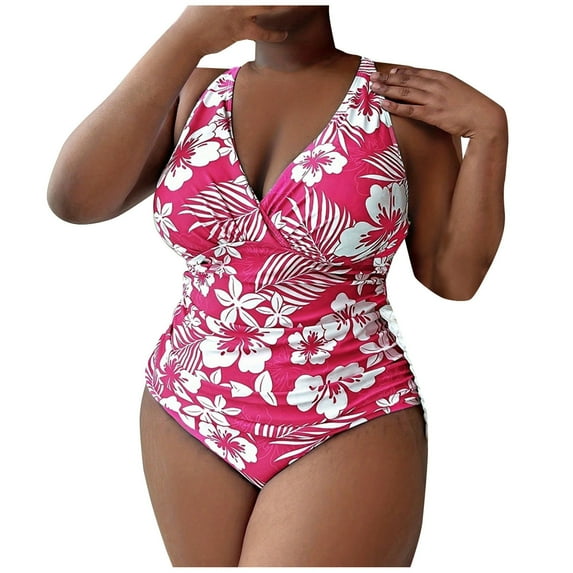 sovlvnd Summer Savings Women's Fashion Large Size Floral Print Slim Bikini One-Piece Swimsuit Pink, 3XL