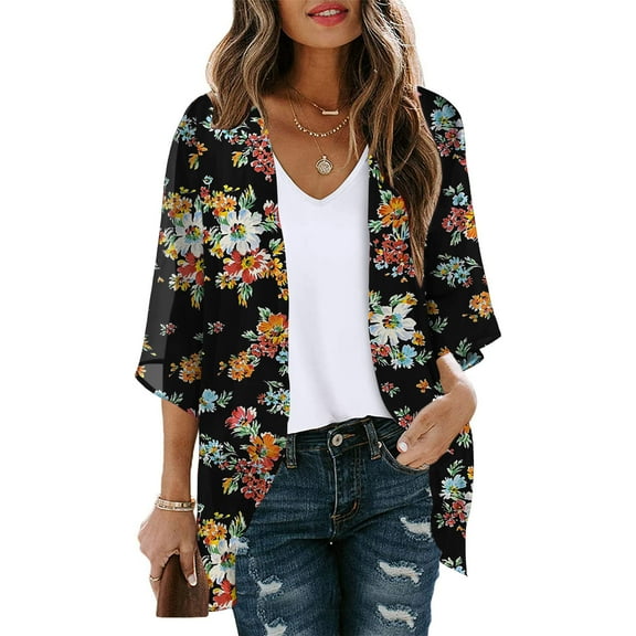 Women's Fashionable Floral Print Puff Sleeve Kimono Cardigan Loose Plus Size Chiffon Cover Up Casual Blouse Tops