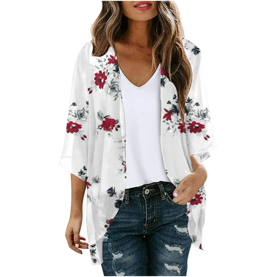 Women's Fashionable Floral Print Puff Sleeve Kimono Cardigan Loose Plus Size Chiffon Cover Up Casual Blouse Tops