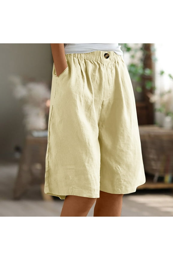 Summer Shorts for Women Half Shorts Pants Workout Shorts Women Summer Elastic Waist Buttons Casual Linen Pockets Pants Long Shorts for Women