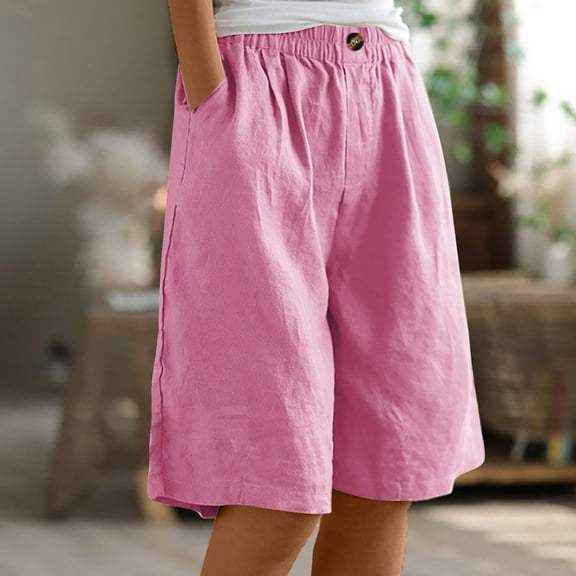 Women's Fashionable Half Shorts Pants Summer Over Size Elastic Waist Buttons Casual Versatile Linen Pockets Pants