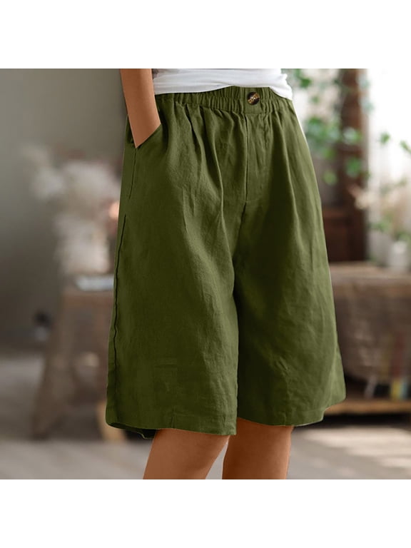 Women's Fashionable Half Shorts Pants Summer Over Size Elastic Waist Buttons Casual Versatile Linen Pockets Pants