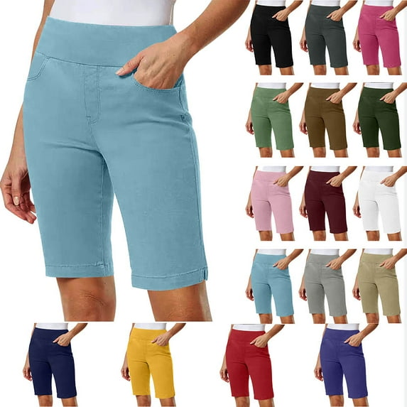 Women Shorts Solid Stretch Twill Thin Waist Shorts Pull On Regular Hiking Shorts Summer Casual With Pockets