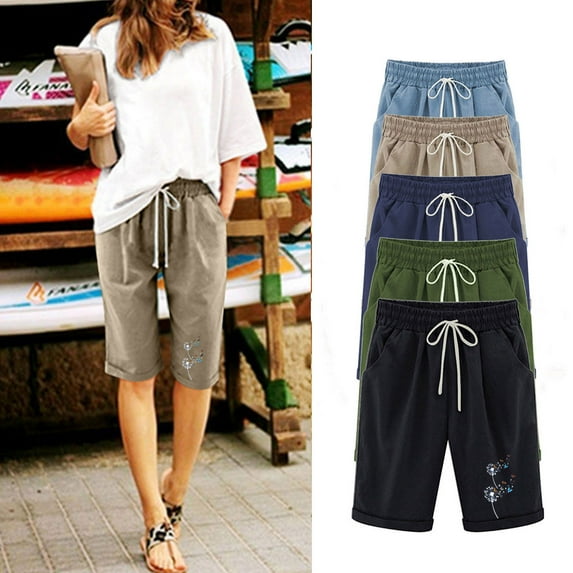 sovlvnd Summer Savings Women's Summer Over Size Fashionable Printed Five Points Large Size Cotton Linen Pants Casual Versatile Pants Shorts