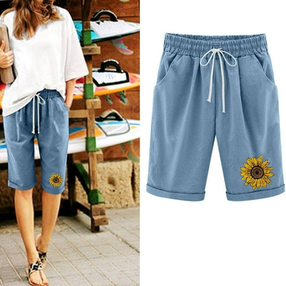Women's Summer Over Size Fashionable Printed Five Points Large Size Cotton Linen Pants Casual Versatile Pants Shorts
