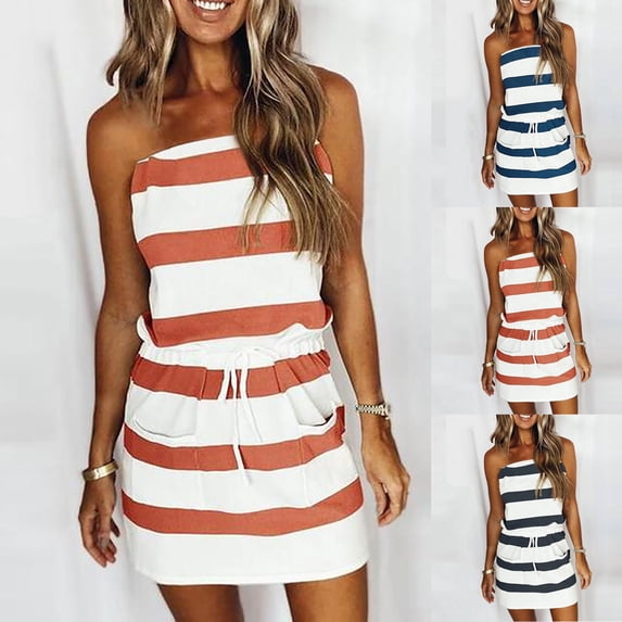 Fashion Womens Tank Dresses Casual Summer Sleeveless Bandage Stripe Printing Loose Tube Dress Summer Dresses for Women Tank Dresses