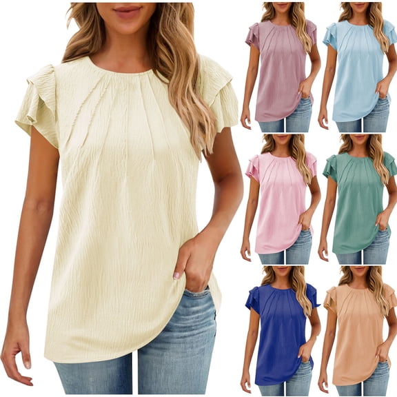 sovlvnd Summer Tops for Women, Ladies' Spring And Summer Casual Mid Pleated Ruffle Sleeves Short Sleeved Round Neck Top/shirt Beige S