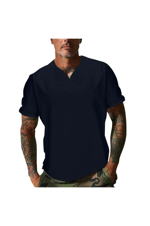 T-shirts for Man, Men Casual Solid With Pockets Sports Short-sleeved V-neck Fitness Training Clothes T-shirt Top 3XL, Navy