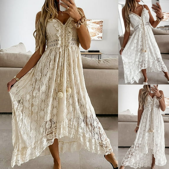 Womens Summer Dresses Long Summer Dresses for Women 2024 Women's Fashion Sexy V-Neck Sleeveless Hollow Out Tassel Lace Solid Ankle-Length Dresses