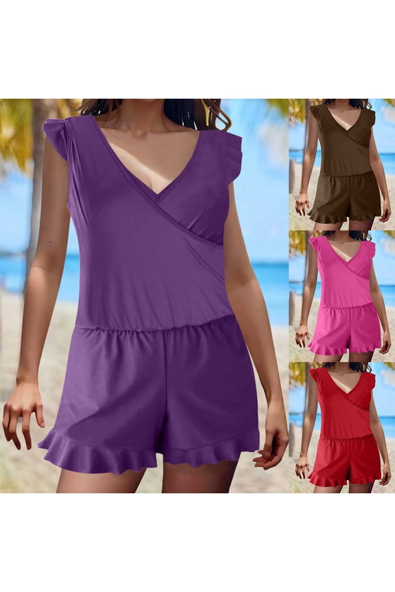 Up to 65% Off Women's Over Size Solid Color Built-in Bra Shorts Flat Angle Wooden Ear Pockets Shorts Summer Beach Swimsuit