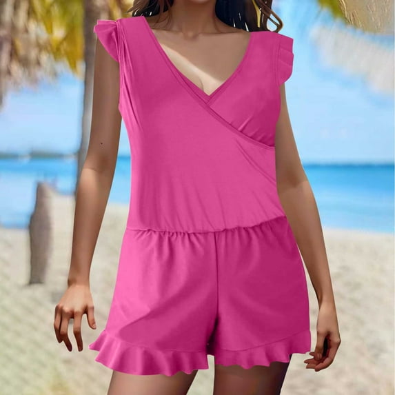 sovlvnd Up to 65% Off Women's Over Size Solid Color Built-in Bra Shorts Flat Angle Wooden Ear Pockets Shorts Summer Beach Swimsuit