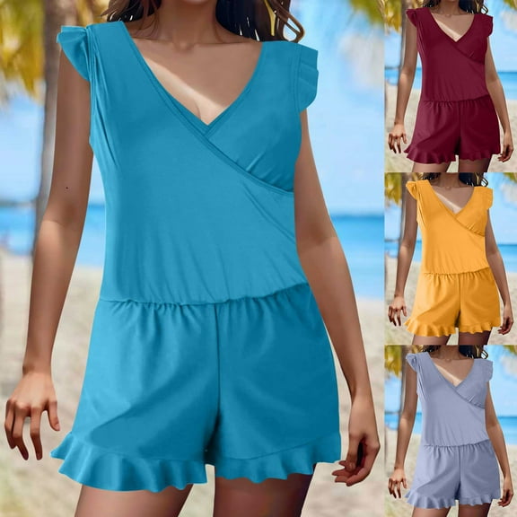 sovlvnd Up to 65% Off Women's Over Size Solid Color Built-in Bra Shorts Flat Angle Wooden Ear Pockets Shorts Summer Beach Swimsuit