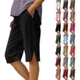 thumbnail image 1 of Women's Summer Shorts Linen Solid Loose Straight Pockets Side Slit Buttons Short Pants, 1 of 7