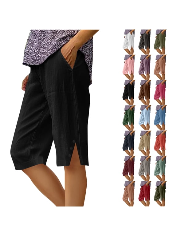 Women's Summer Shorts Linen Solid Loose Straight Pockets Side Slit Buttons Short Pants
