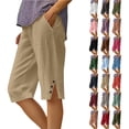 thumbnail image 1 of Women's Summer Shorts Linen Solid Loose Straight Pockets Side Slit Buttons Short Pants, 1 of 7
