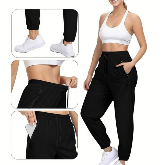 sovlvnd Women's Lightweight Breathable Sports Joggers With Drawstring Waist Solid Color Pants For Outdoor Fashion Black S