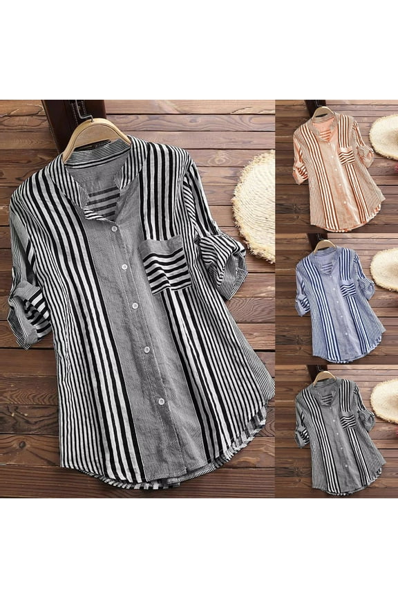Women's Plus Size 2024 Three Quarter Striped Print V-Neck Loose Fashion Fit T-Shirt Blouse Casual Daily Over Size Summer Tunic Blouse Top S-5XL