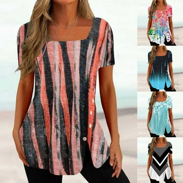sovlvnd Women's Plus Size Fashion Casual Printed Square Neck Short Sleeve Buttons Tops Loose Blouses Loose Comfy Daily Tee Blouse Tops for Women S-5XL