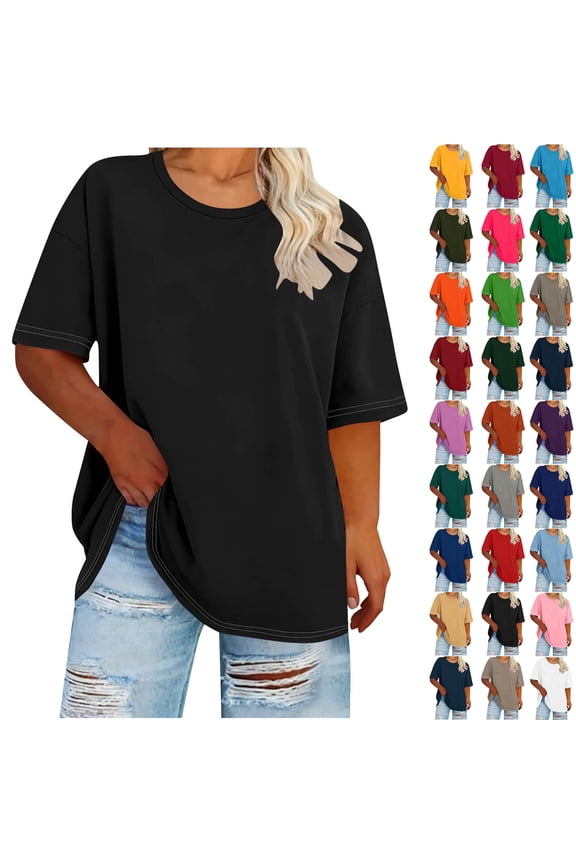 Summer Plus Size Shirts for Womens Short Sleeved Solid Base Shirt Sports T-shirt Round Neck Tops