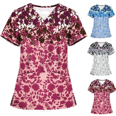 sovlvnd Women's Plus Size Fashion Printed Summer Tops Short Sleeve V-neck Tops Working Uniform Blouse Trendy Slim-Fit Tunic Tee Blouse with Two Pockets