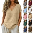 thumbnail image 1 of Womens Blouses Casual Linen Tops Summer Short Sleeve V Neck Shirts Loose Tops, 1 of 7