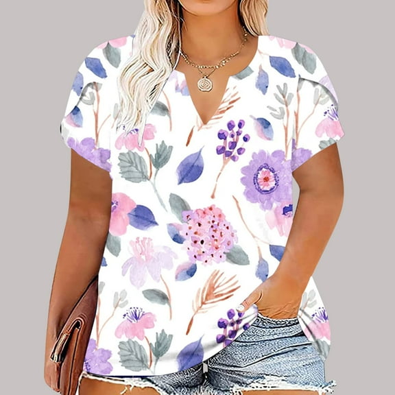 sovlvnd Women's Plus Size Loose Print Color Casual Short-Sleeved V-Neck Top Womens Comfy Tee Over Size Lightweight tunic Blouse Fashion Top XL-5XL