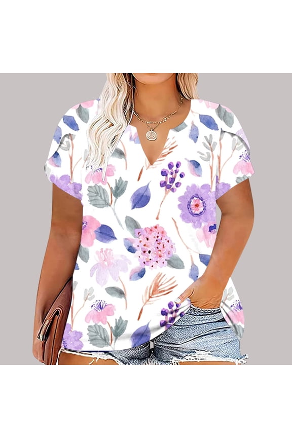 Women's Plus Size Loose Print Color Casual Short-Sleeved V-Neck Top Womens Comfy Tee Over Size Lightweight tunic Blouse Fashion Top XL-5XL
