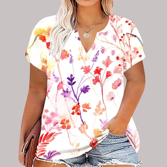 sovlvnd Women's Plus Size Loose Print Color Casual Short-Sleeved V-Neck Top Womens Comfy Tee Over Size Lightweight tunic Blouse Fashion Top XL-5XL