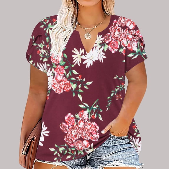sovlvnd Women's Plus Size Loose Print Color Casual Short-Sleeved V-Neck Top Womens Comfy Tee Over Size Lightweight tunic Blouse Fashion Top XL-5XL