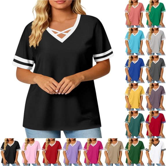 Women Blouses Tops Summer Short Sleeve V-Neck Blouses Casual Color Blocking Top