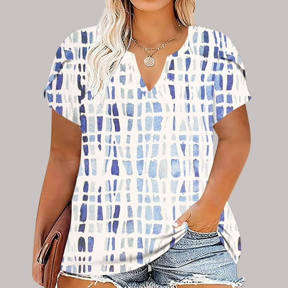 sovlvnd Women's Plus Size Loose Print Color Casual Short-Sleeved V-Neck Top Womens Comfy Tee Over Size Lightweight tunic Blouse Fashion Top XL-5XL