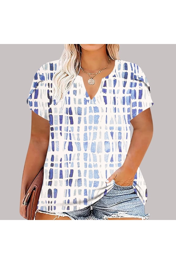Women's Plus Size Loose Print Color Casual Short-Sleeved V-Neck Top Womens Comfy Tee Over Size Lightweight tunic Blouse Fashion Top XL-5XL