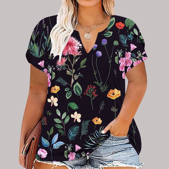 sovlvnd Women's Plus Size Loose Print Color Casual Short-Sleeved V-Neck Top Womens Comfy Tee Over Size Lightweight tunic Blouse Fashion Top XL-5XL