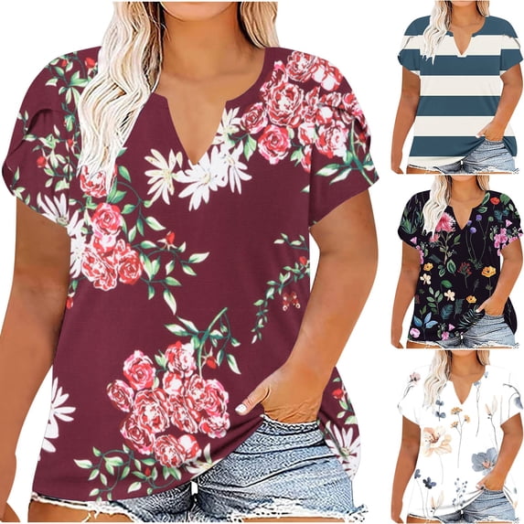 sovlvnd Women's Plus Size Loose Print Color Casual Short-Sleeved V-Neck Top Womens Comfy Tee Over Size Lightweight tunic Blouse Fashion Top XL-5XL