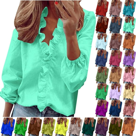 sovlvnd Women’s Plus Size Summer Casual Full Sleeve V-Neck Ruffle Trim Tops Loose Shirts Over Size Women Clothing Leisure Long Sleeve Tunic Blouse Shirts S-5XL