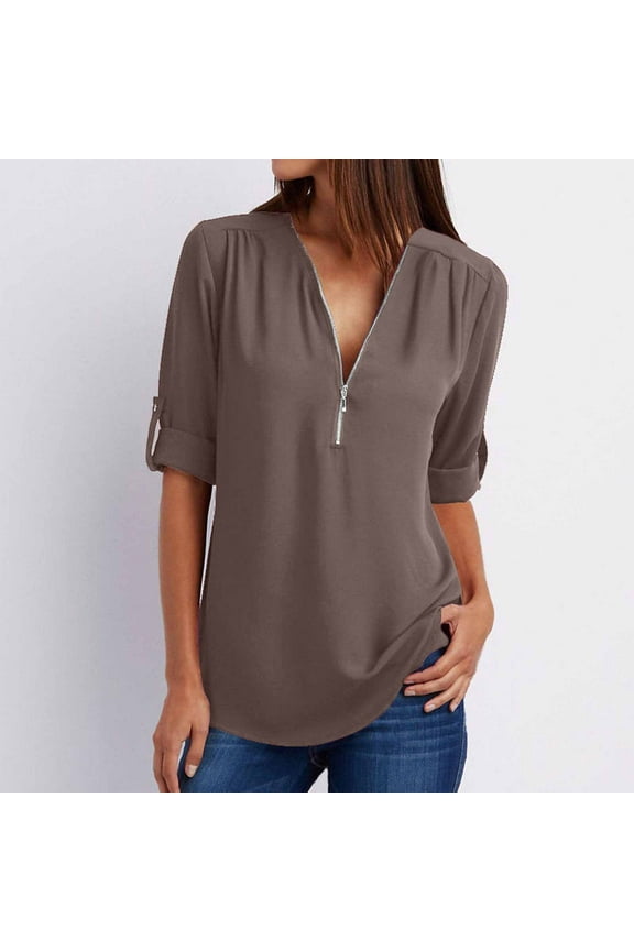 Women's Plus Size Summer Long Sleeve Zip Casual Tunic slim-fit Solid Color V-Neck Rollable Blouse Tops Loose trendy Comfy Tee Blouse T-shirt S-5XL