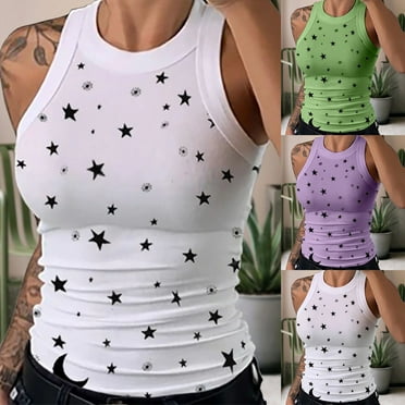sovlvnd Deals 2024 Womens Tank Tops Women Oversize Fashion Sleeveless Star Print Vest Sport Tank Tops Causel Blouse Womens Tank Tops Loose Fit