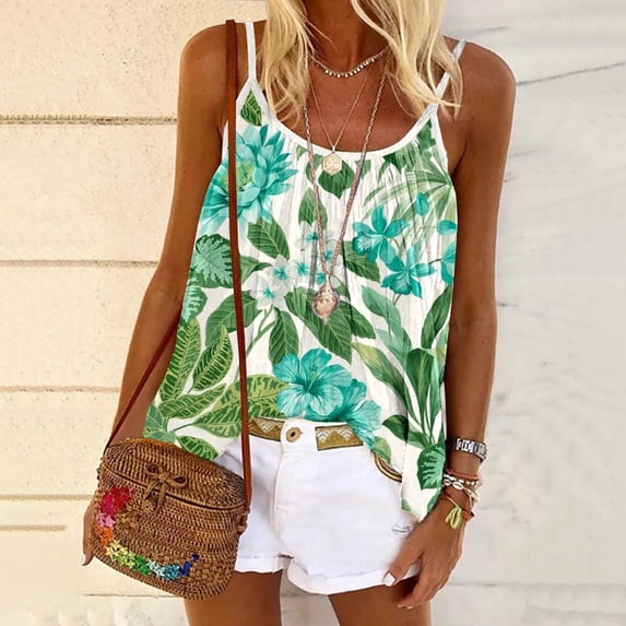 sovlvnd Deals Women's Plus Size Summer Sexy Printed Camisole Sleevesless Round Neck Top Vest Blouse Summer Casual Loose Blouse Tank Tops S-5XL, Spring Savings!