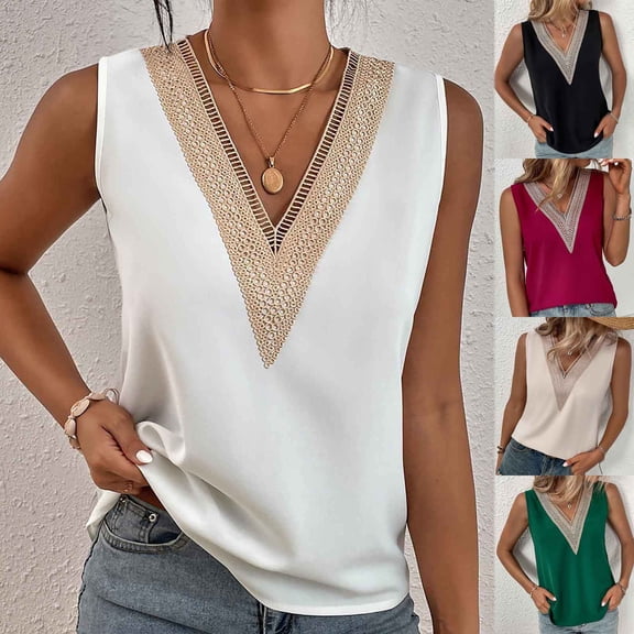 sovlvnd Women's Plus Sizes Summer Sexy Solid Color Sleevesless V Neck Top Tank Blouse Summer Casual Loose Comfy Tee Lace Stitching Vest Tops Blouse S-XL
