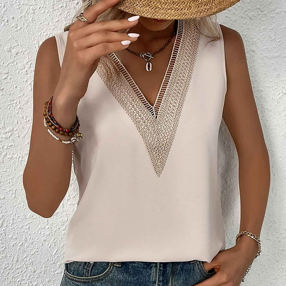 sovlvnd Women's Plus Sizes Summer Sexy Solid Color Sleevesless V Neck Top Tank Blouse Summer Casual Loose Comfy Tee Lace Stitching Vest Tops Blouse S-XL